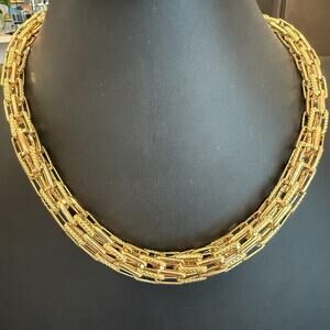 Vintage Graduated Open Work Tube Link Chunky Chain Necklace Gold Tone 18”